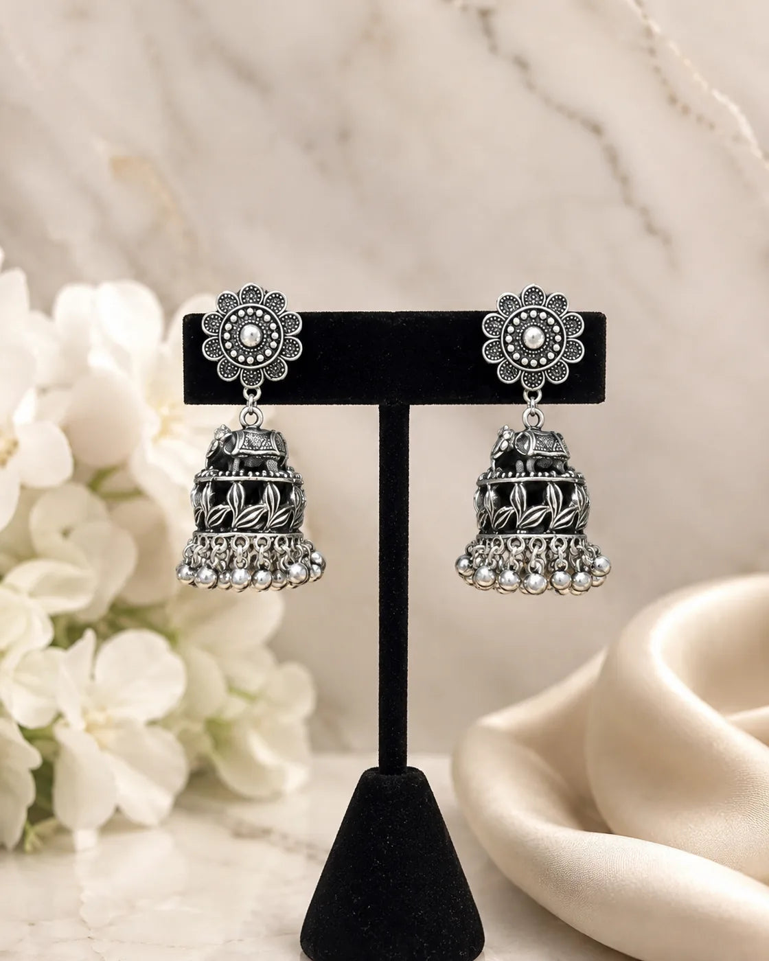 Floral Oxidized Jhumka Earrings - image 2