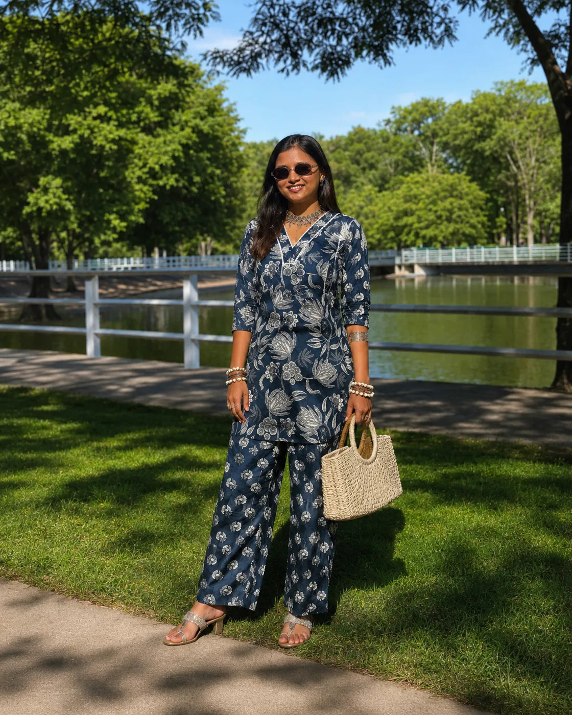 Navy Blue Floral Pure Cotton Co-ord Set