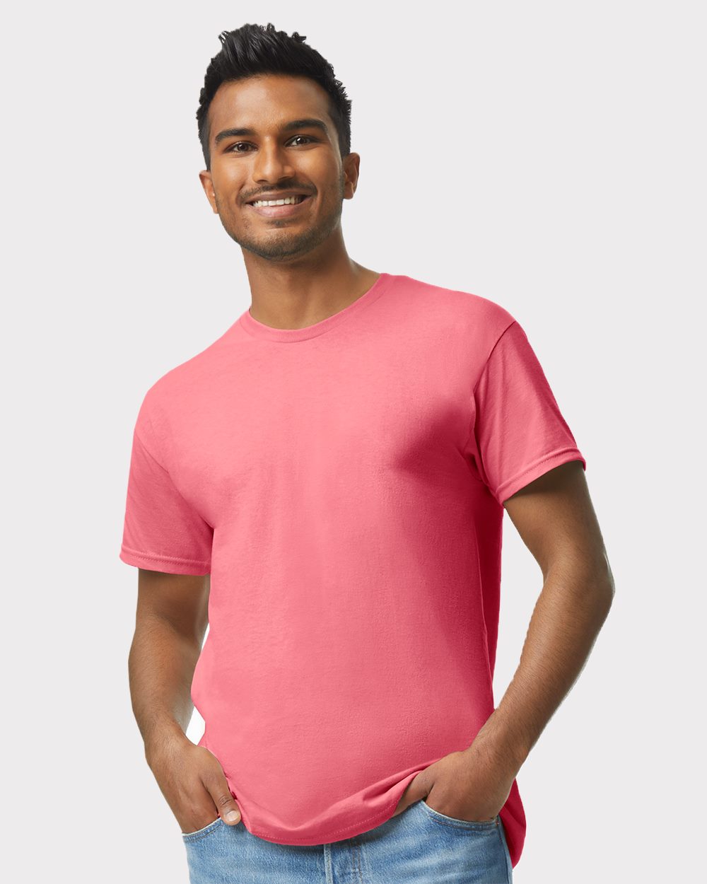 Custom Gildan 5000 T-Shirt blank garment in Safety Pink