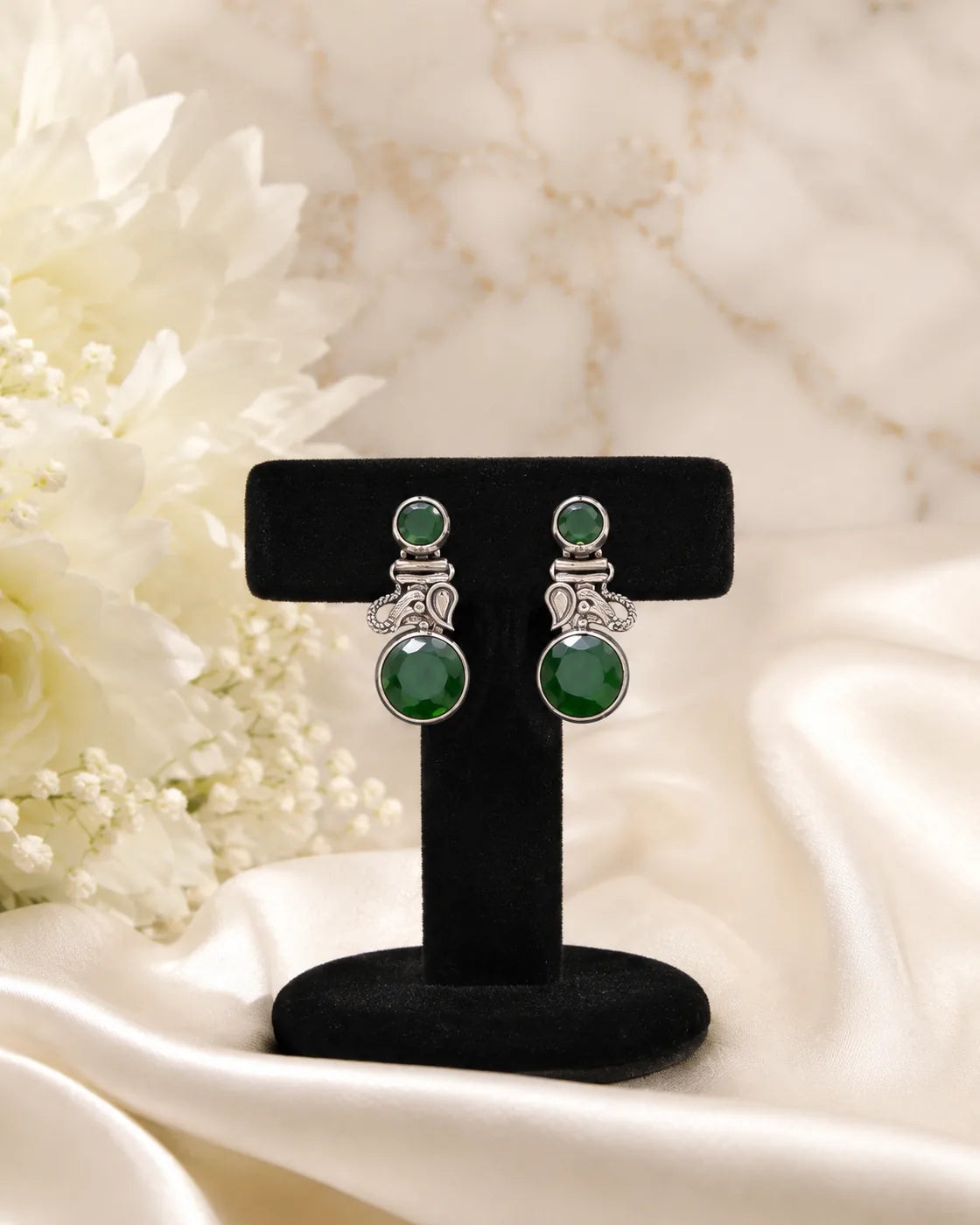 Emerald Glow Silver Earrings