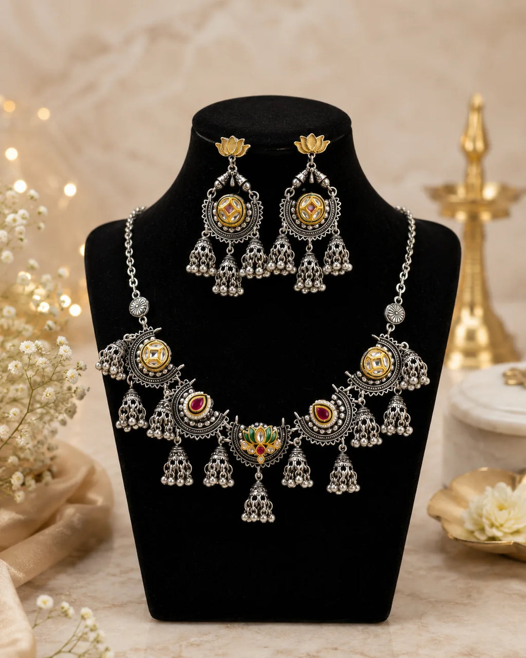 Lotus Kundan Jhumka Necklace Set - image 2