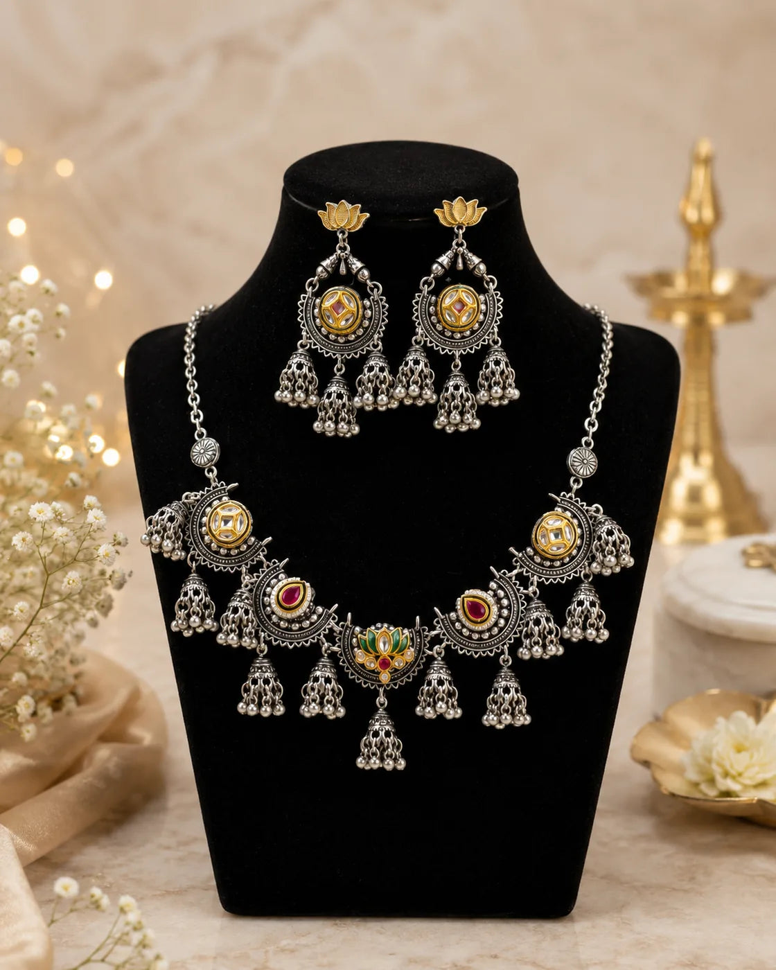 Lotus Kundan Jhumka Necklace Set - image 2
