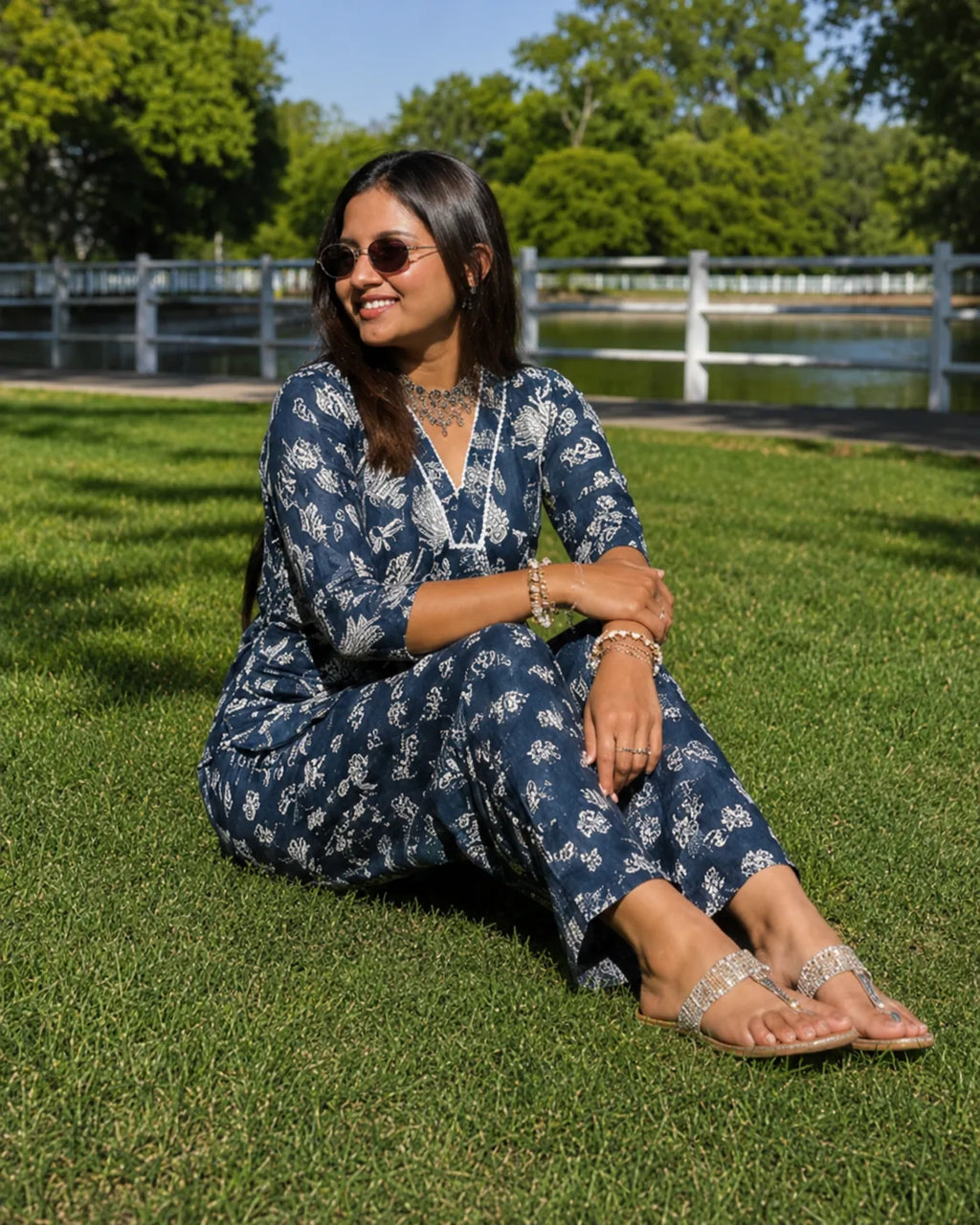 Navy Blue Floral Pure Cotton Co-ord Set - image 2