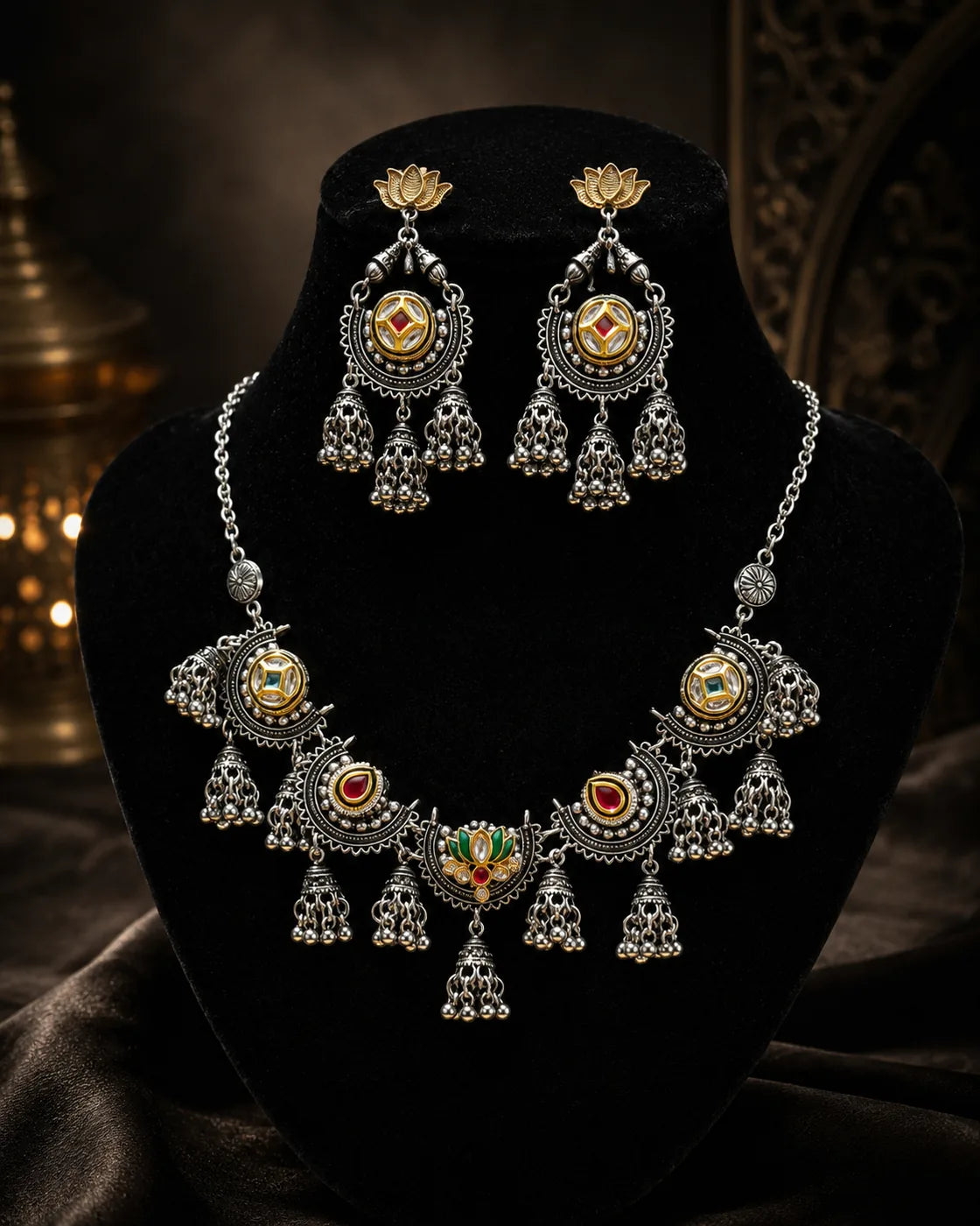 Lotus Kundan Jhumka Necklace Set