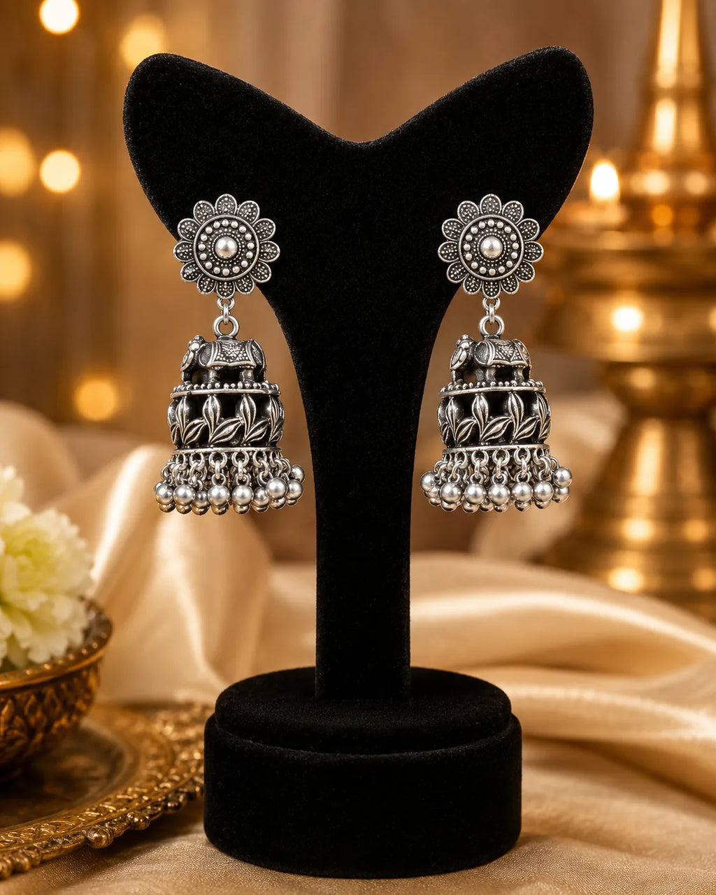 Floral Oxidized Jhumka Earrings - image 3