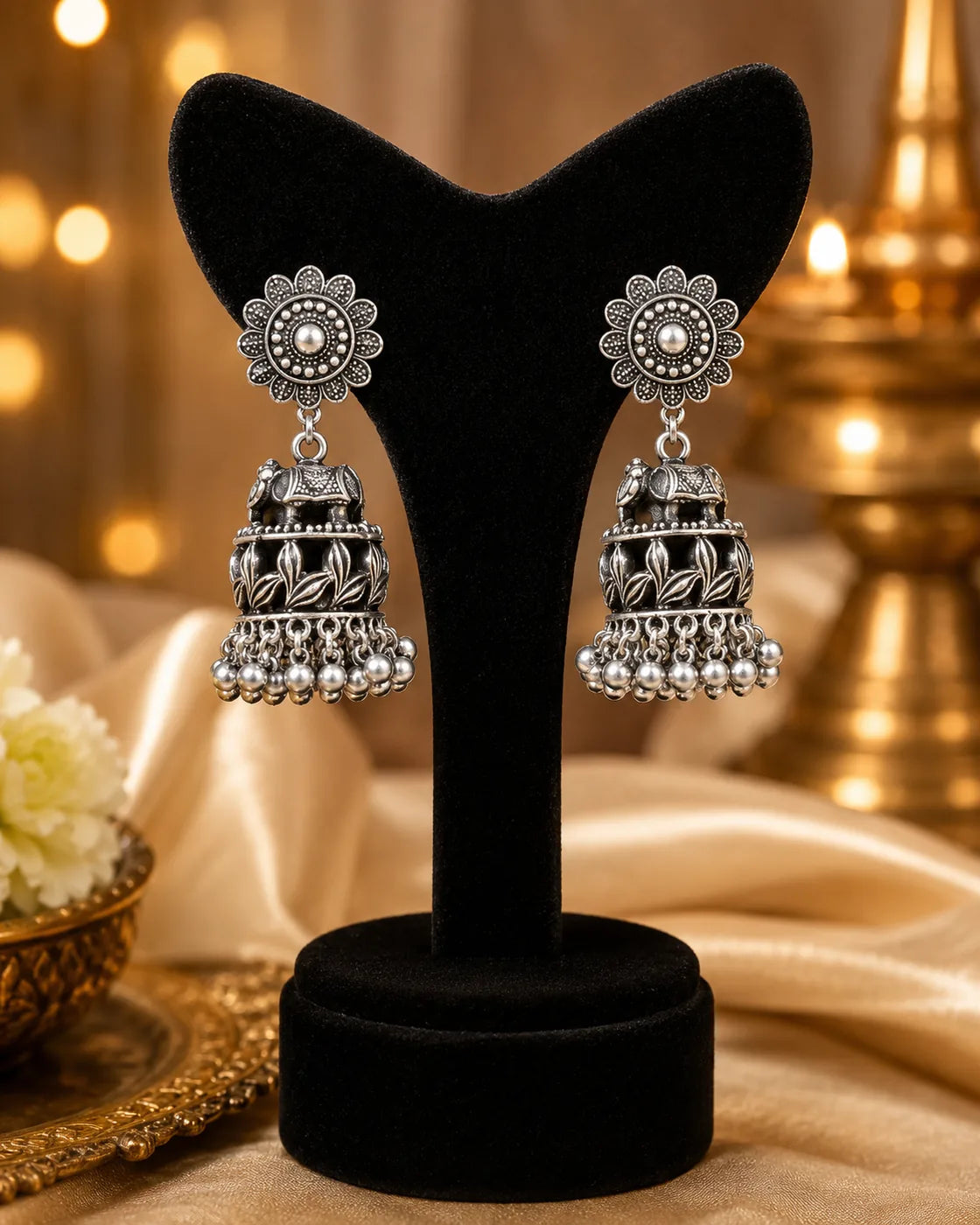 Floral Oxidized Jhumka Earrings - image 3