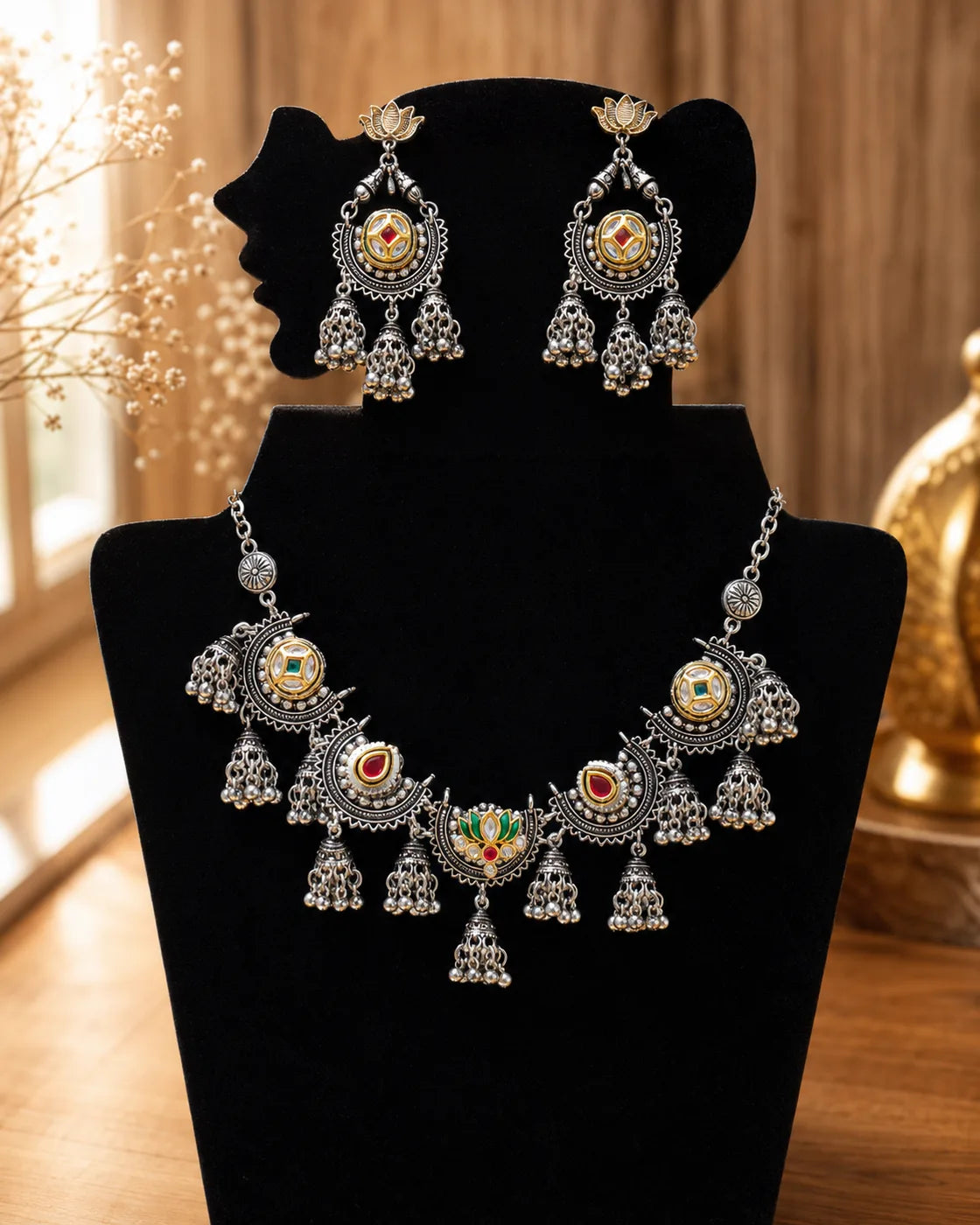 Lotus Kundan Jhumka Necklace Set - image 3