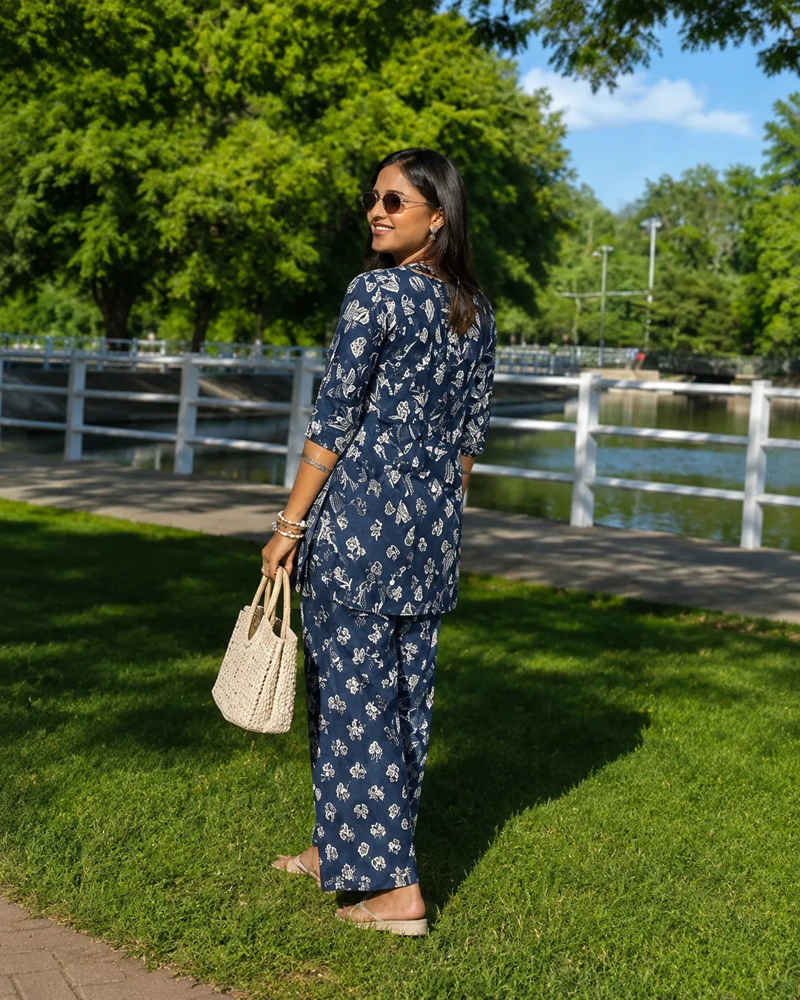 Navy Blue Floral Pure Cotton Co-ord Set - image 3