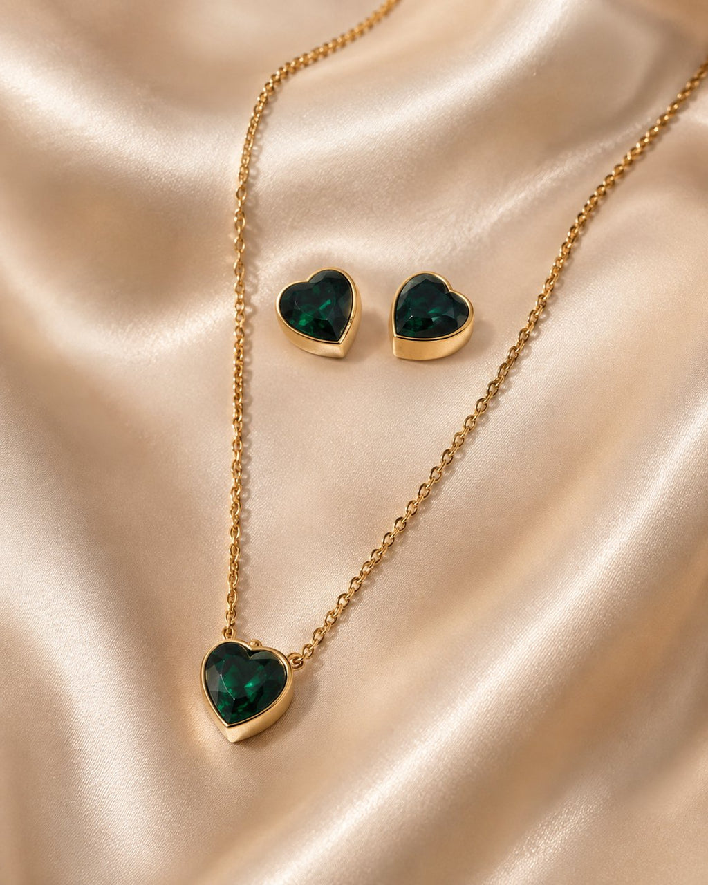 Emerald Heart Necklace & Stud Set