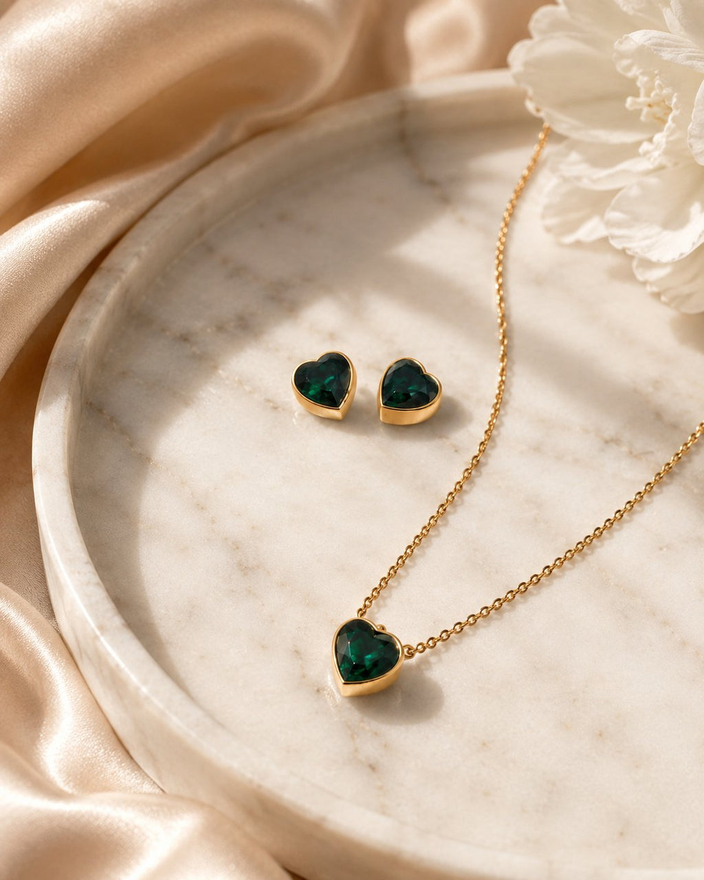 Emerald Heart Necklace & Stud Set