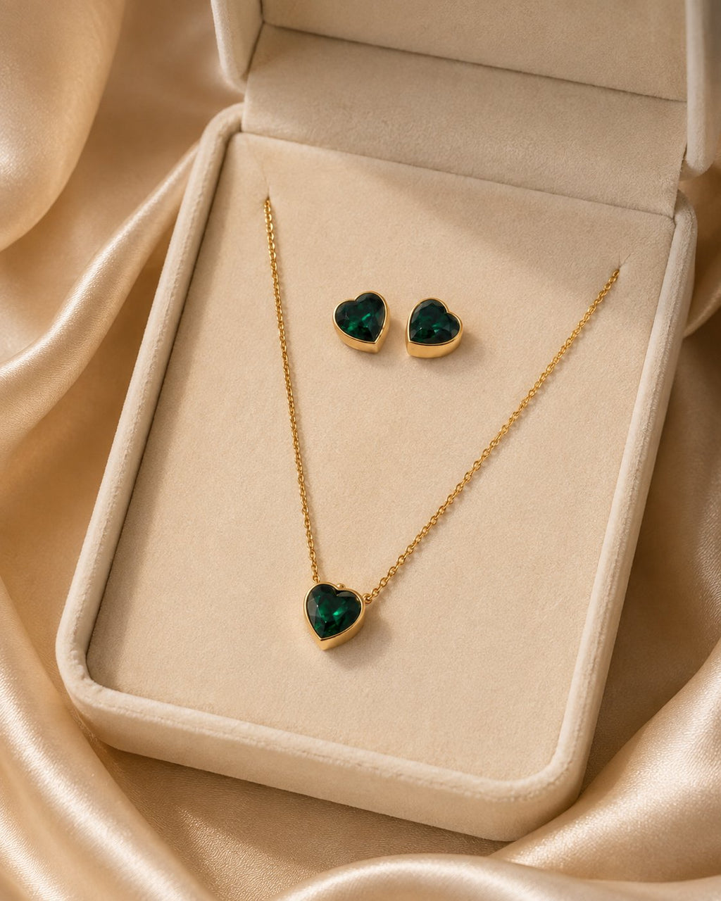 Emerald Heart Necklace & Stud Set
