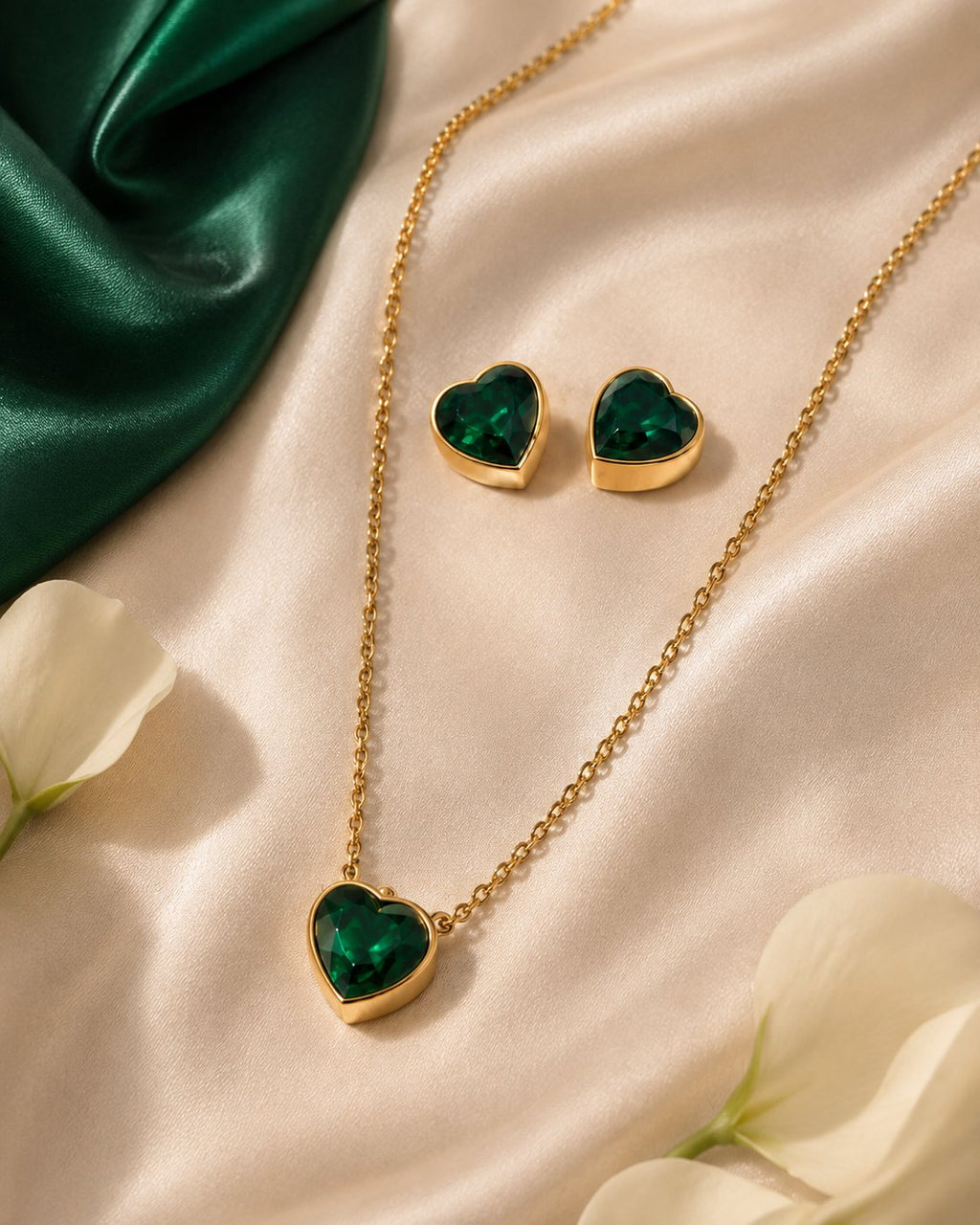 Emerald Heart Necklace & Stud Set