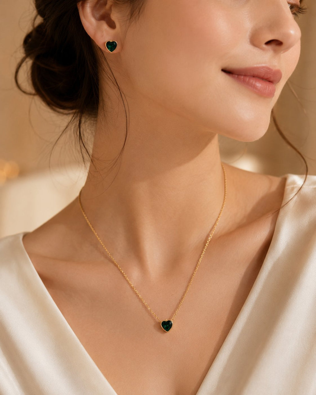 Emerald Heart Necklace & Stud Set