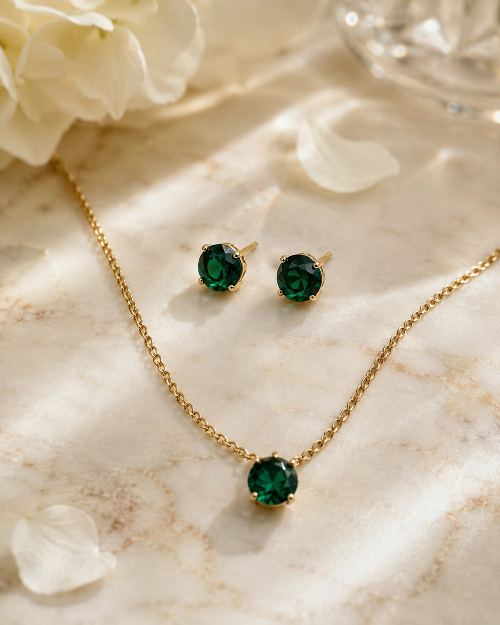 Emerald Solitaire Necklace & Stud Set