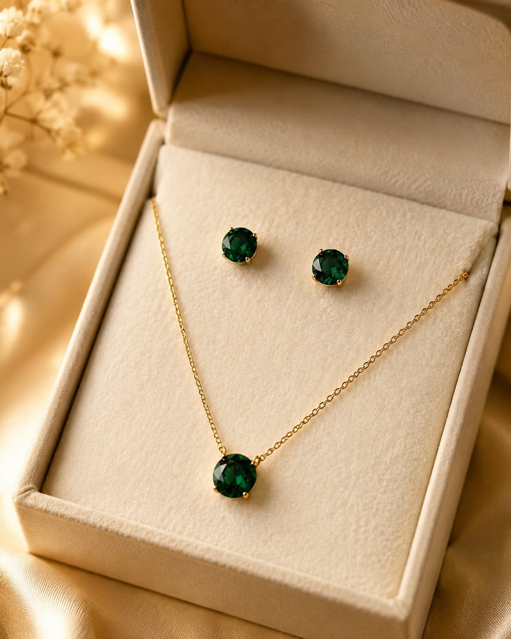 Emerald Solitaire Necklace & Stud Set