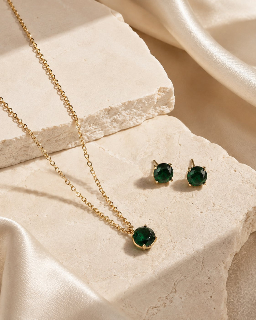Emerald Solitaire Necklace & Stud Set