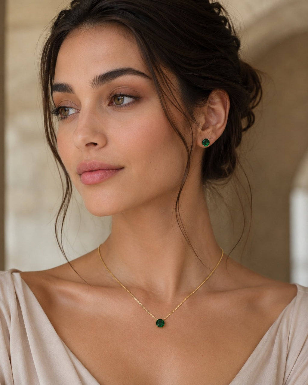 Emerald Solitaire Necklace & Stud Set