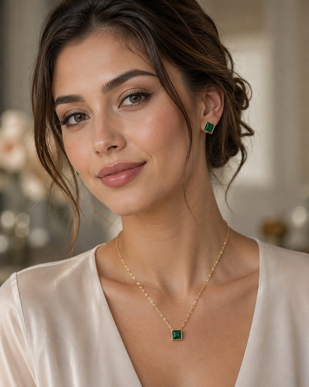 Emerald Square Necklace & Stud Set