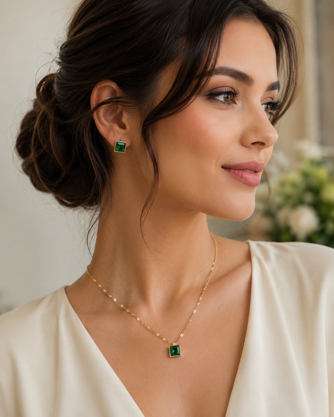 Emerald Square Necklace & Stud Set