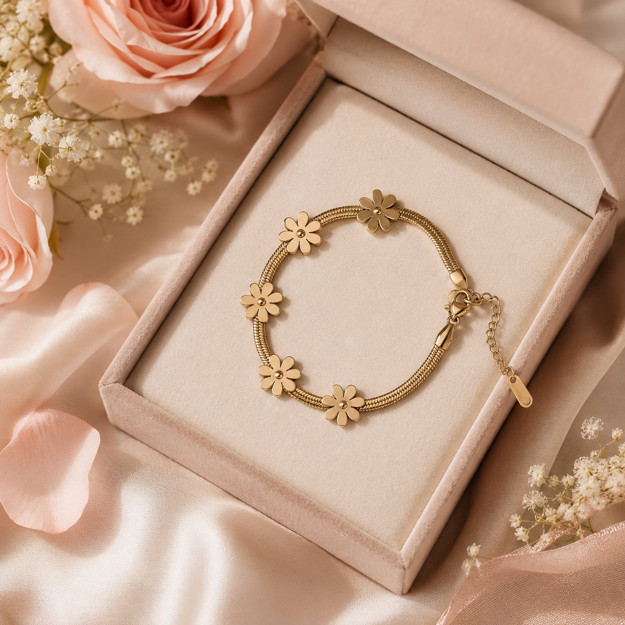Golden Daisy Bloom Snake-Chain Bracelet