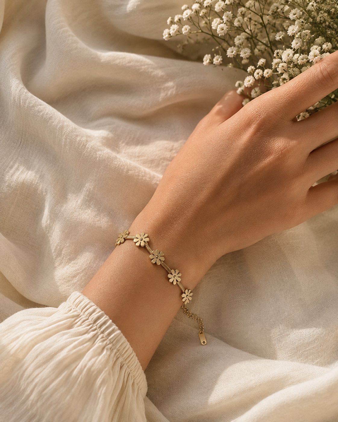 Golden Daisy Bloom Snake-Chain Bracelet