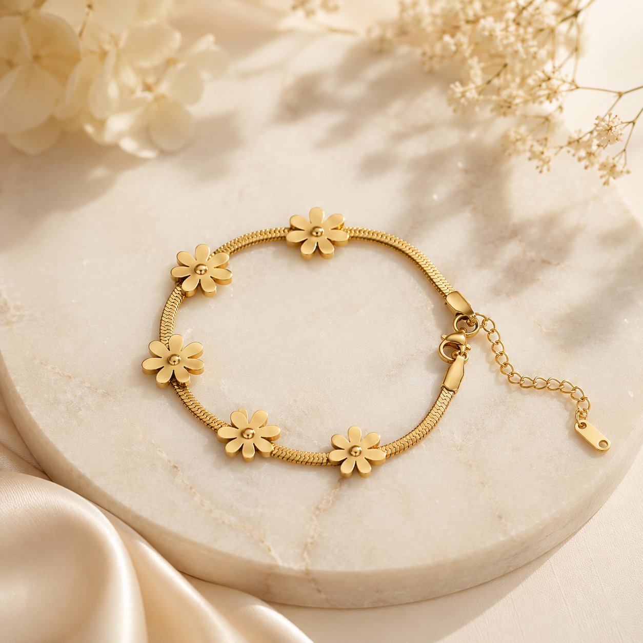 Golden Daisy Bloom Snake-Chain Bracelet