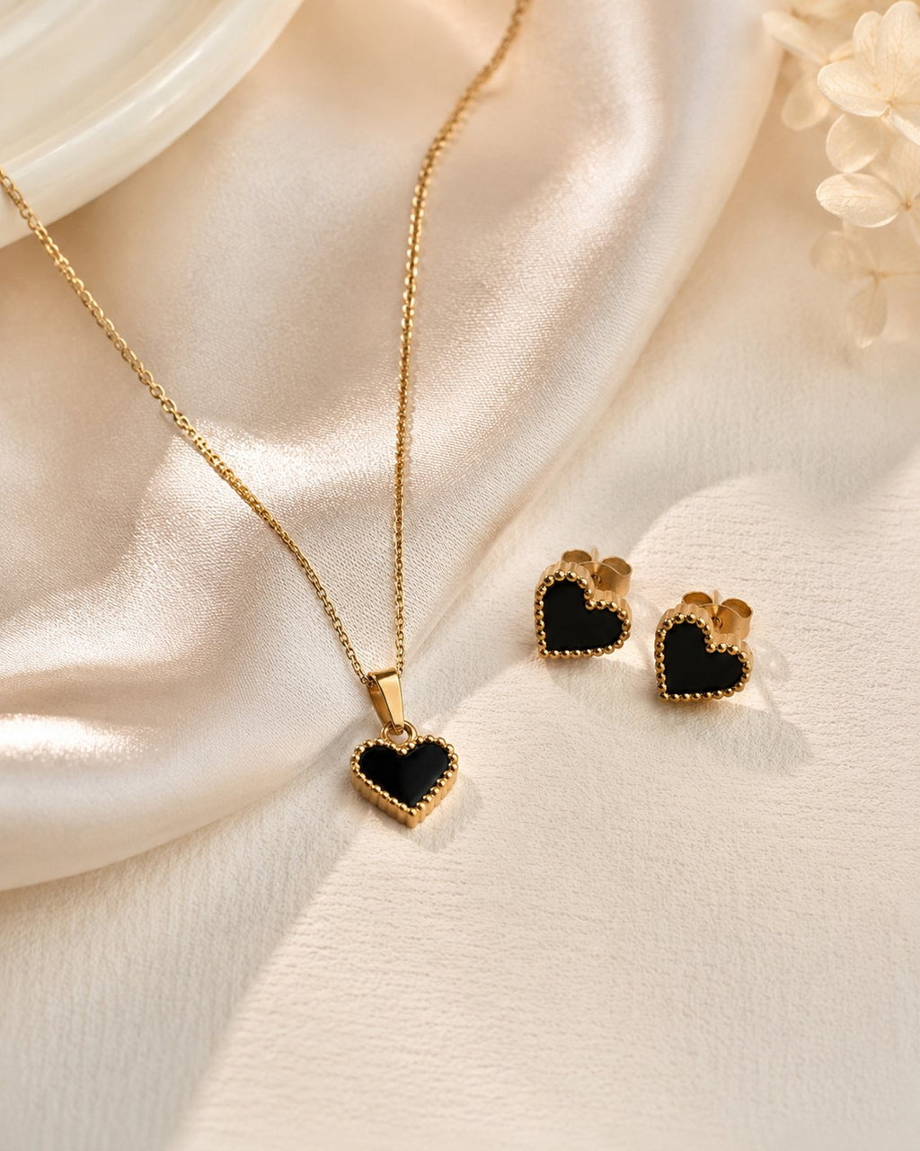 Noir Beaded Heart Necklace & Stud Set