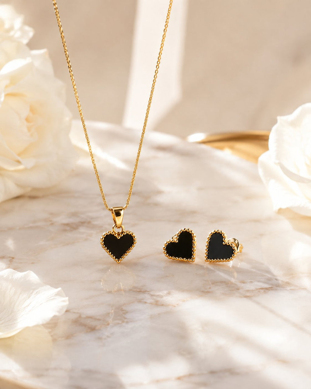 Noir Beaded Heart Necklace & Stud Set