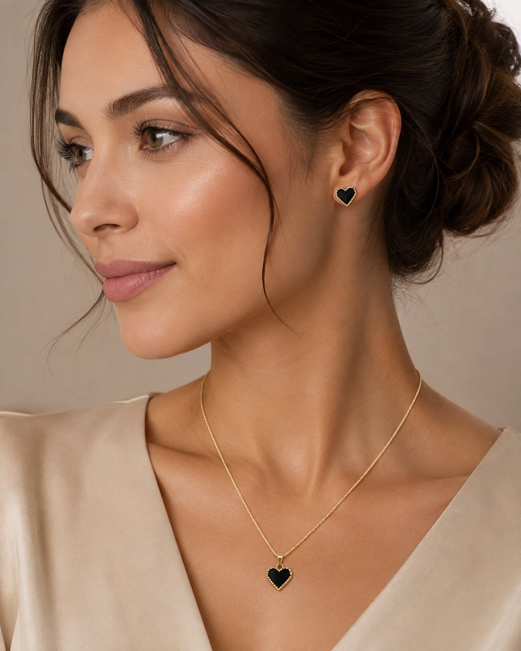 Noir Beaded Heart Necklace & Stud Set