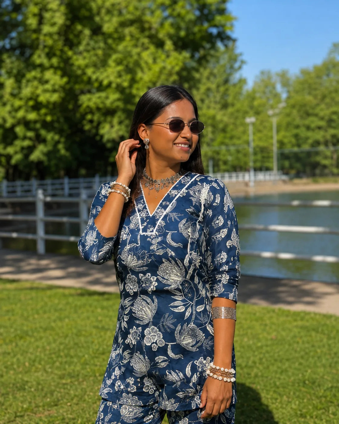 Navy Blue Floral Pure Cotton Co-ord Set - image 4