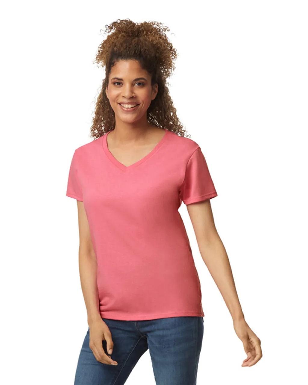 Custom Gildan 5V00L Women's V-Neck T-Shirt blank garment in Coral Silk