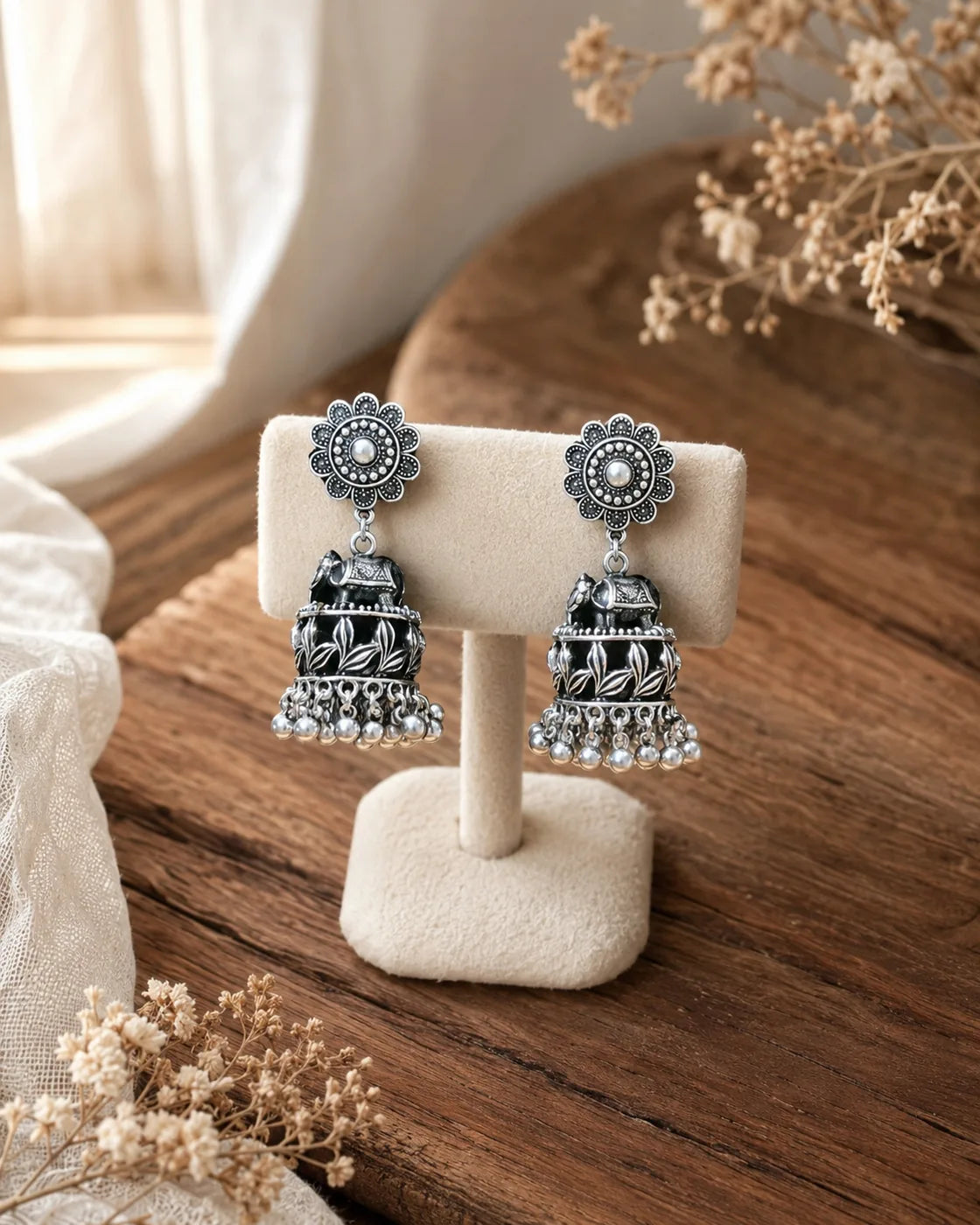 Floral Oxidized Jhumka Earrings