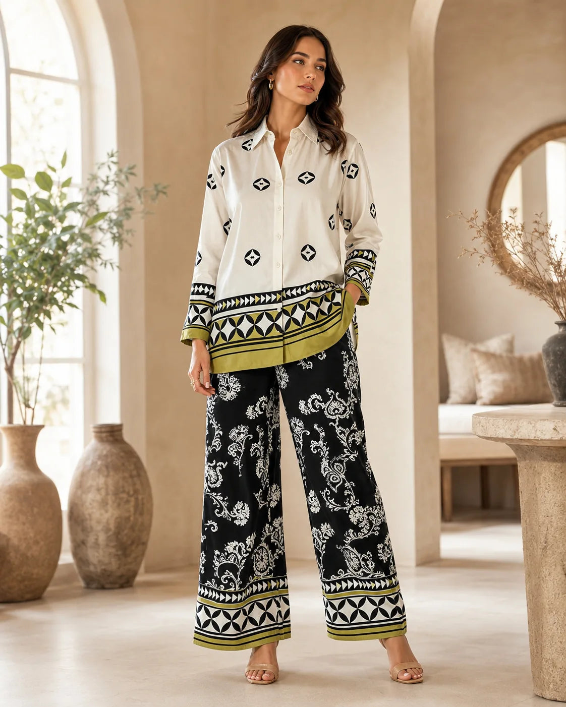 Zivara Olive Border Print Co-Ord Set