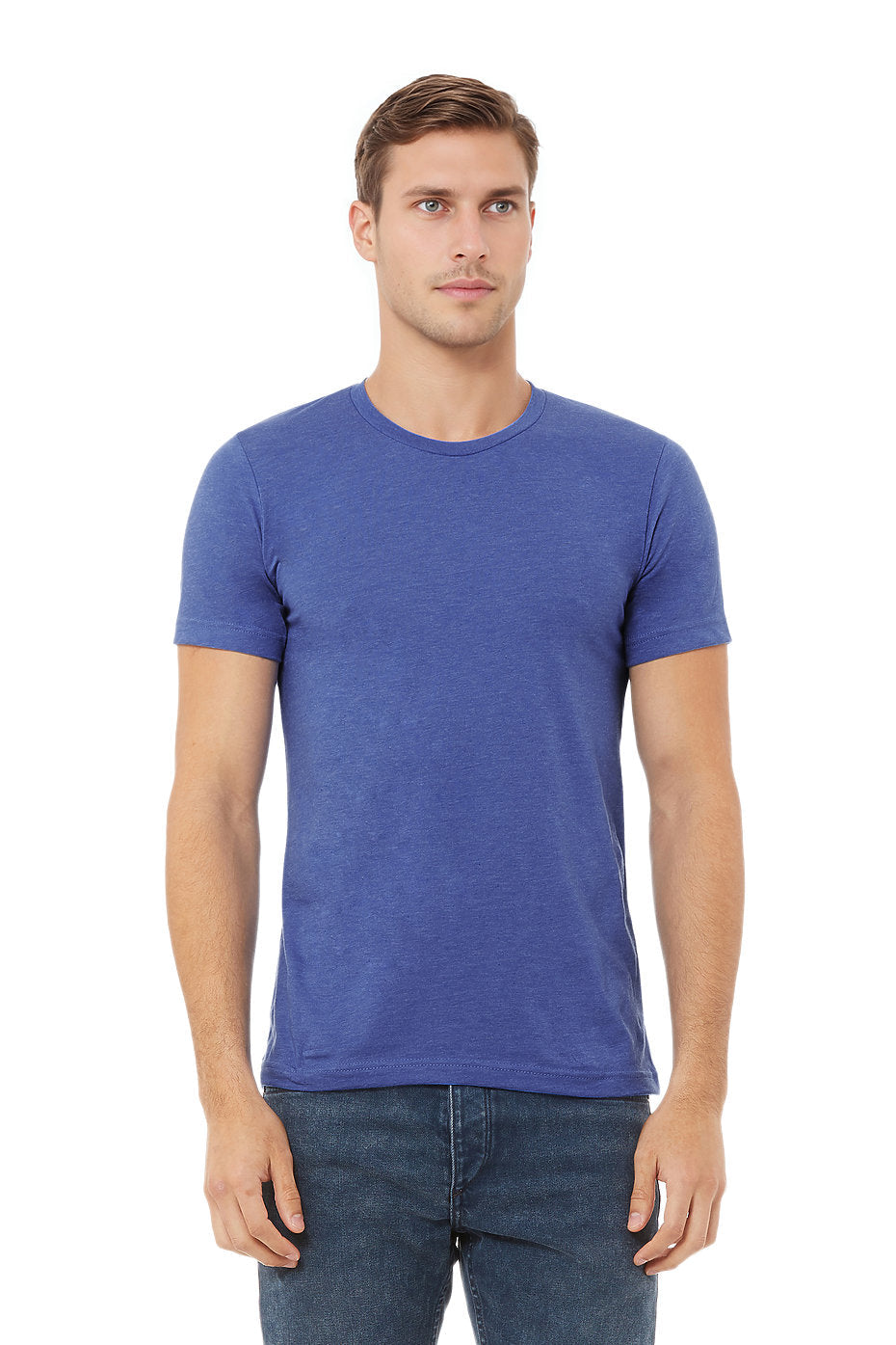 Custom Bella Canvas 3001CVC blank garment in Heather True Royal