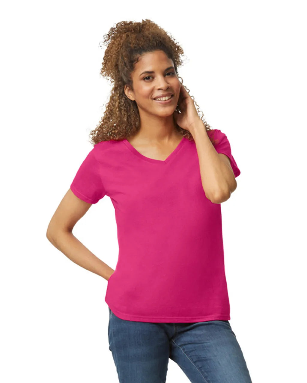 Custom Gildan 5V00L Women's V-Neck T-Shirt blank garment in Heliconia