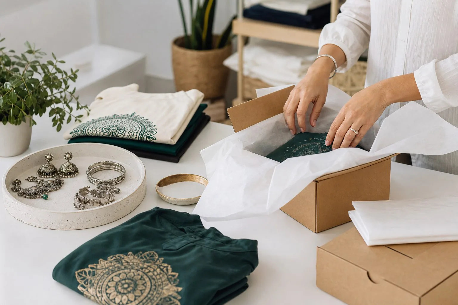 A small business order being packed with jewelry and apparel